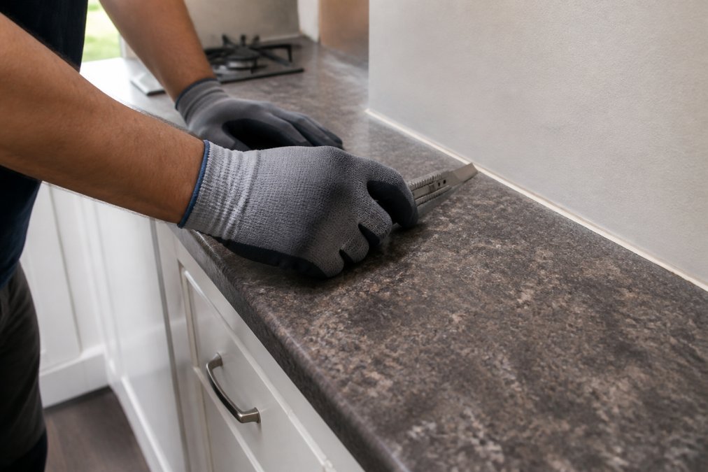 Close-up of a person wearing work gloves using a utility knife to score through silicone sealant along the back edge of a laminate kitchen worktop, with white kitchen base units visible below in warm natural light