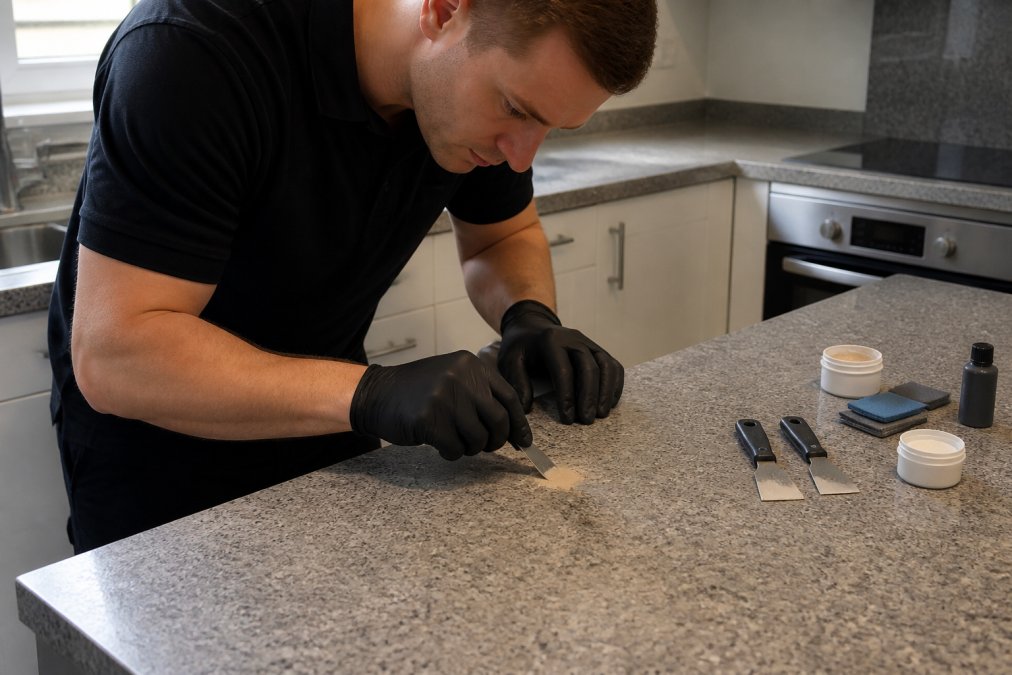 A technician in a dark polo shirt carefully applying a colour-matched filler compound to a burn mark on a laminate kitchen worktop, with small spatulas and finishing materials laid out on the counter beside them under bright kitchen lighting