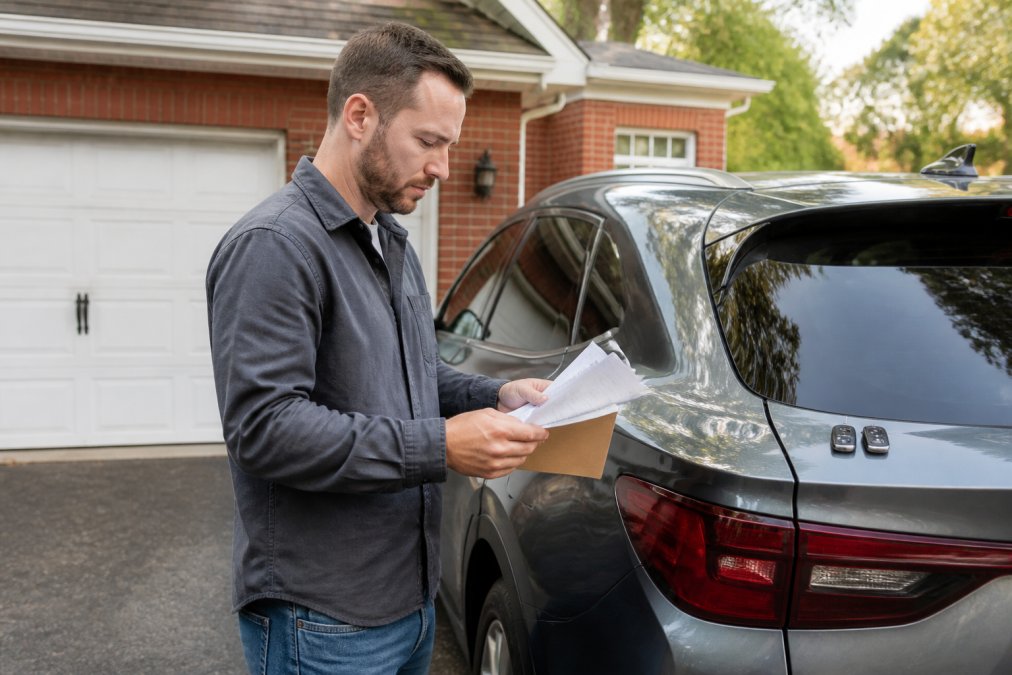 Customer reviewing locksmith credentials, insurance documents, and identification on mobile phone while standing beside their vehicle in a residential driveway