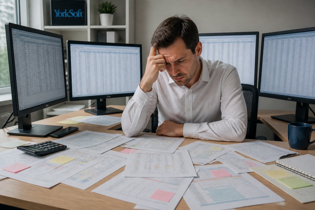 Business professional frustrated at desk surrounded by multiple monitors displaying spreadsheets and data tables, with papers scattered about showing data inconsistencies and errors