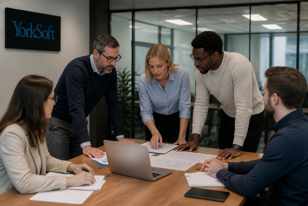 Team of IT professionals and business stakeholders reviewing custom application interface on large monitor in modern office environment, collaborating during system migration