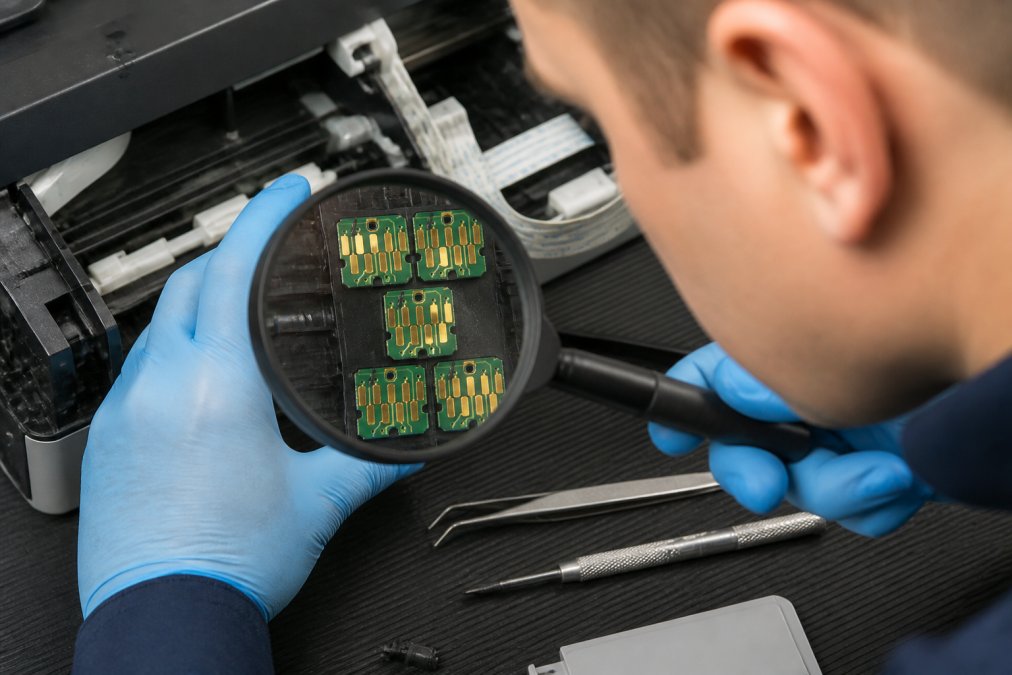 Professional examining printer chip reader pins on an Epson printhead with a magnifying glass, checking for dust or debris under bright lighting