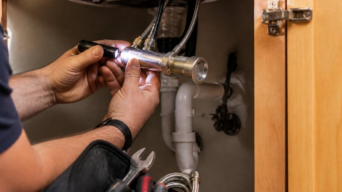 Professional maintenance technician's hands holding a Delta faucet under a sink, pointing to the model number label on the faucet body with a flashlight