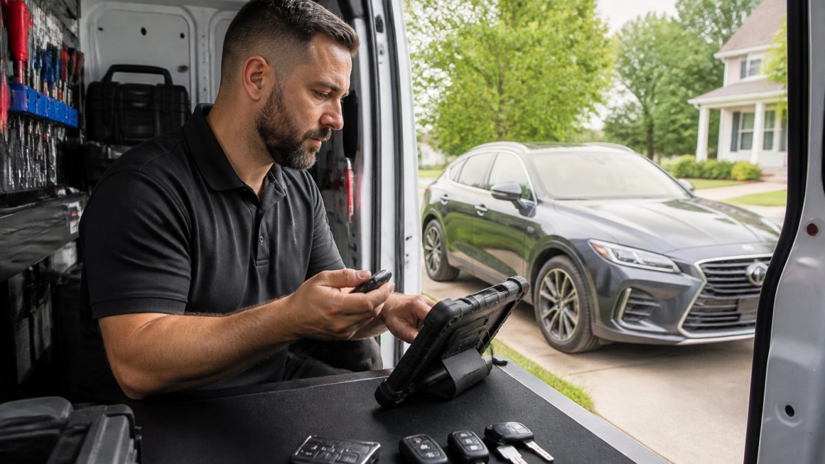 A professional automotive locksmith in a mobile service van using a diagnostic tablet to program a smart key fob, with a modern car visible through the open van door in a Northern Virginia suburban driveway