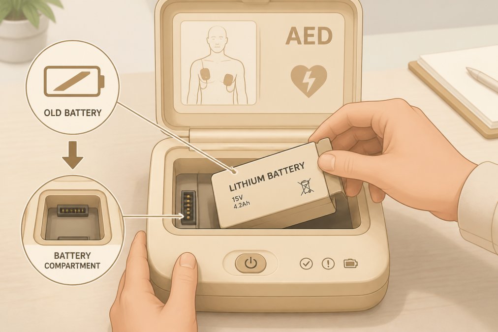 Close-up of hands removing an old lithium battery from an AED device, showing the battery compartment clearly with the device positioned on a table under office lighting