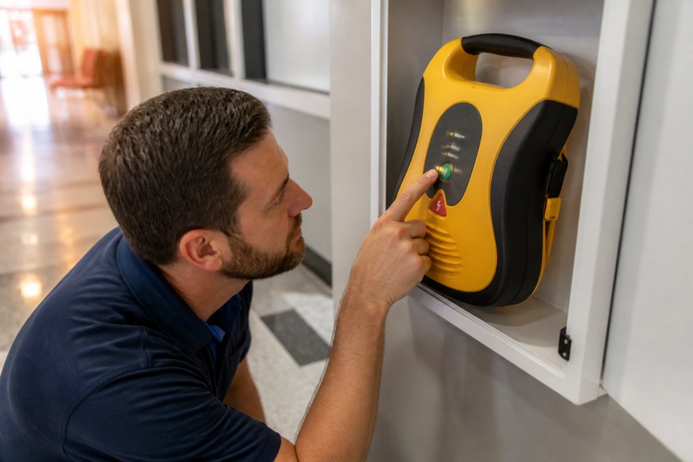 Person examining an AED readiness indicator light and display panel on the device, with the self-test status visible, in a well-lit medical facility setting