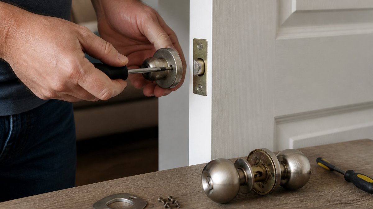 Close-up of a person's hands using a screwdriver to remove a doorknob from an interior apartment door, with the old knob and screws laid out on a nearby surface
