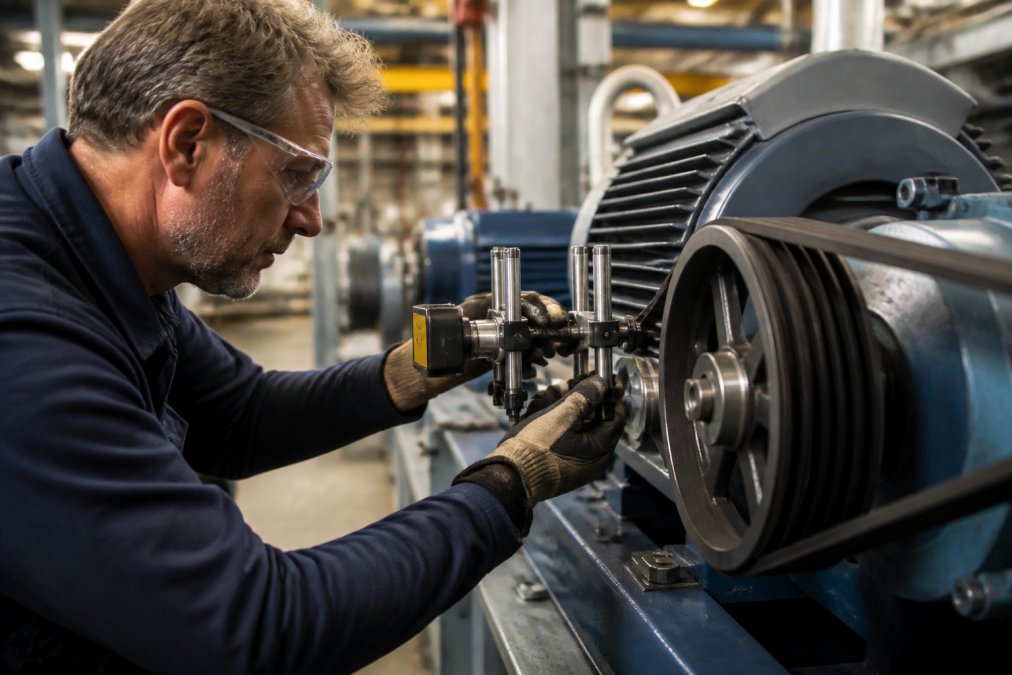A maintenance technician in safety glasses and work gloves using a laser alignment tool on a large industrial motor and pulley system in a clean factory setting