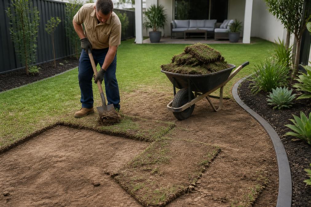 Homeowner using a spade to remove turf to prepare for low maintenance ground cover in a backyard