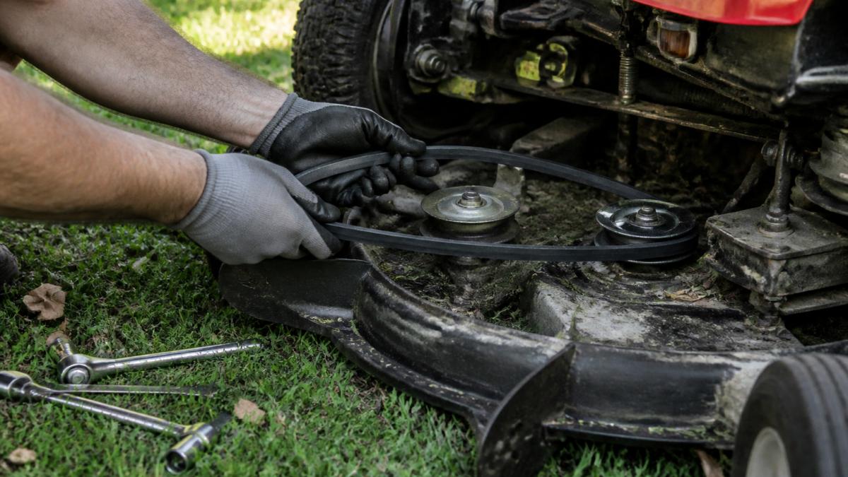 Close-up of a mechanic's gloved hands guiding a new V-belt onto the pulley of a riding tractor deck, tools resting on the grass nearby in afternoon light