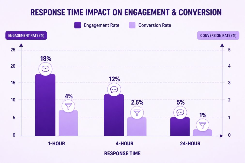 Bar chart comparing response time impact on engagement metrics: 1-hour response time 18% engagement rate, 4-hour response time 12% engagement rate, 24-hour response time 5% engagement rate, with conversion rates declining proportionally