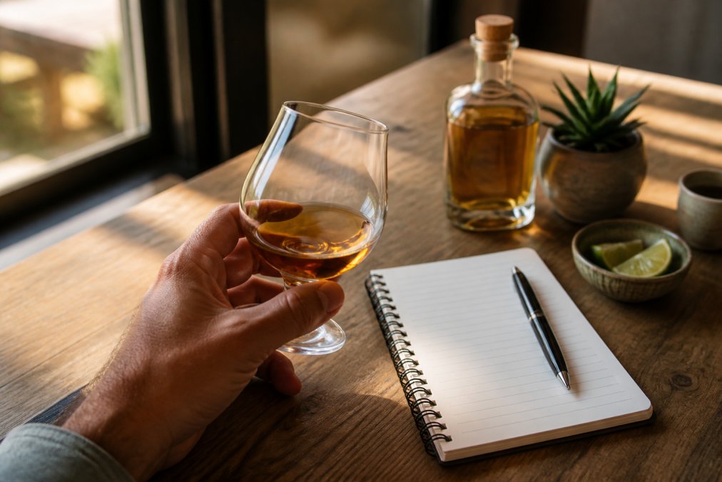 A hand holding a snifter glass of amber reposado tequila against natural light, showing the colour and clarity, with a tasting notepad and pen nearby on a wooden table