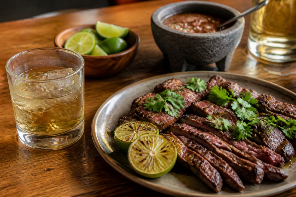 A glass of reposado tequila on ice next to a plate of carne asada with grilled lime wedges and fresh cilantro, with a warm wooden table setting