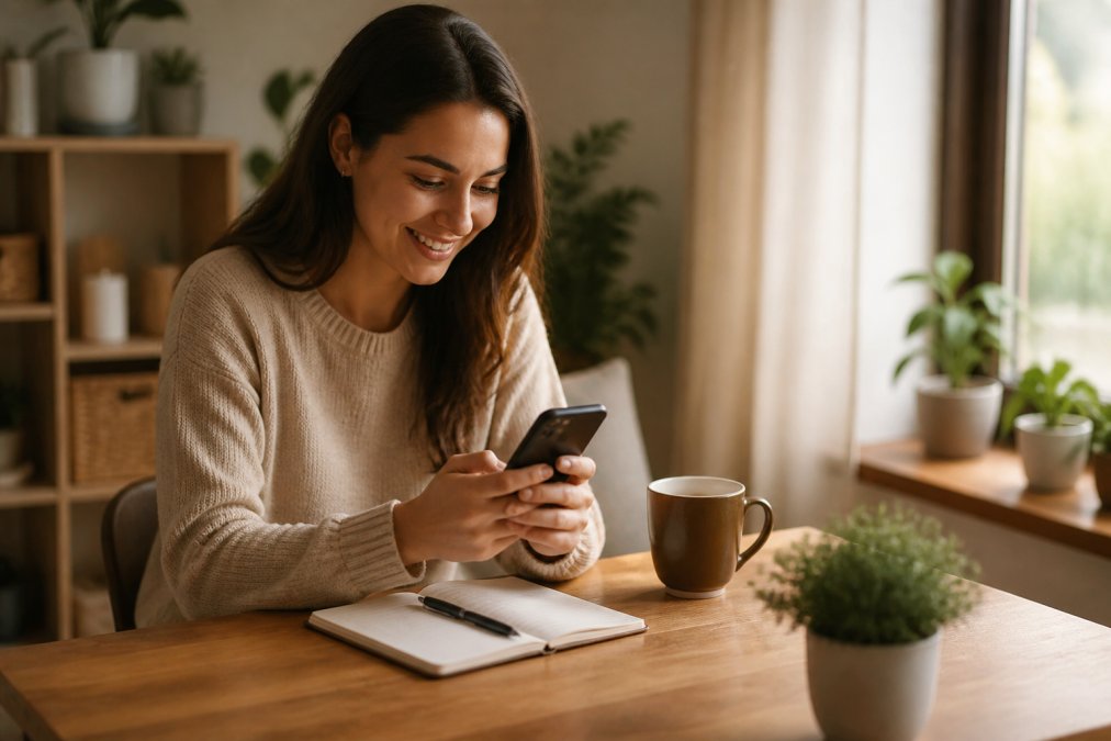 Woman working on her smartphone at home with a coffee cup and notebook nearby, smiling while checking social media analytics on screen