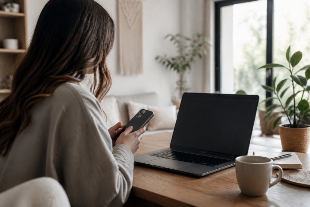 Woman sitting at desk with smartphone and laptop, reviewing Instagram analytics dashboard and Linktree link-in-bio configuration on her computer screen, natural daylight streaming through window