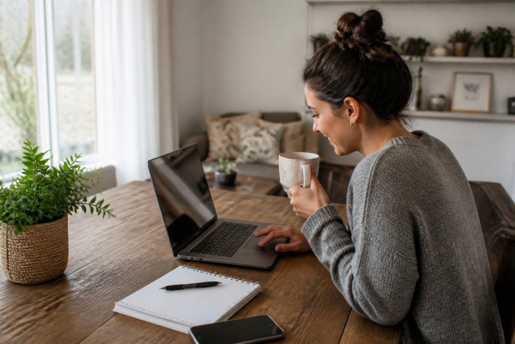 Woman working at home on laptop with coffee, reviewing Skillspay task dashboard and earnings on screen, natural morning lighting from window