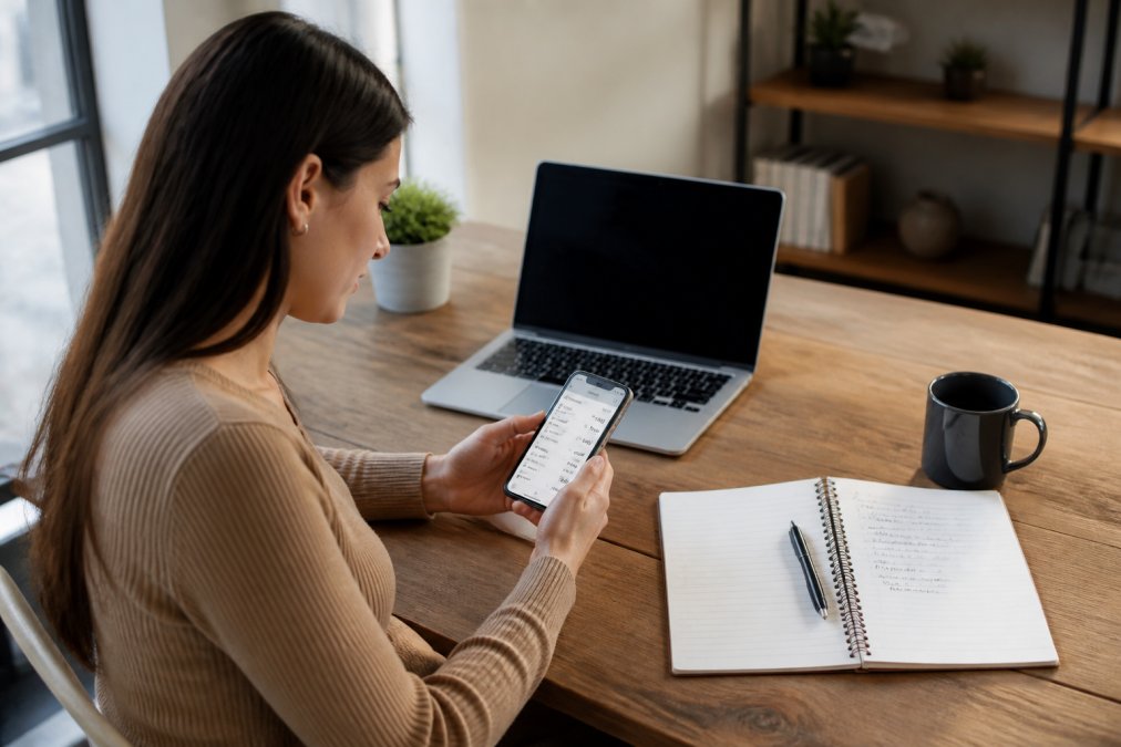 Woman reviewing earnings analytics on a smartphone while sitting at a desk with a laptop and financial notes, natural office lighting
