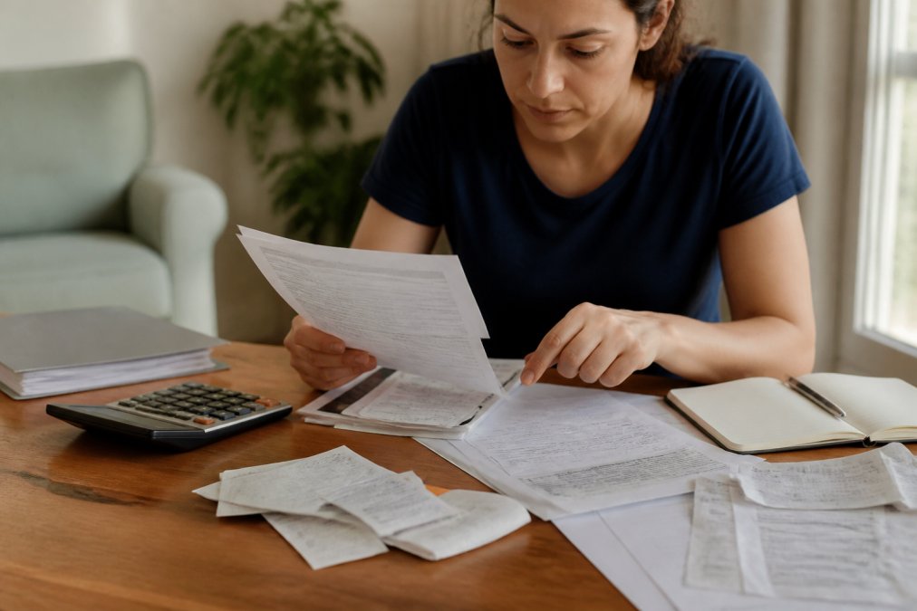 Person organizing financial documents and receipts on a desk with a calculator and laptop, preparing tax records