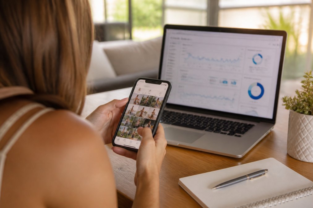 Woman holding a smartphone, scrolling through Instagram content on a bright sunny day, with a laptop visible in the background showing engagement metrics and analytics dashboard