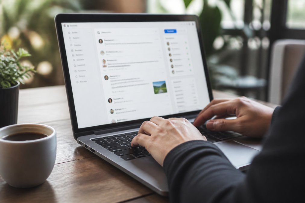 Close-up of hands typing on a laptop keyboard with a coffee cup nearby, showing a community discussion interface and member engagement metrics on the screen