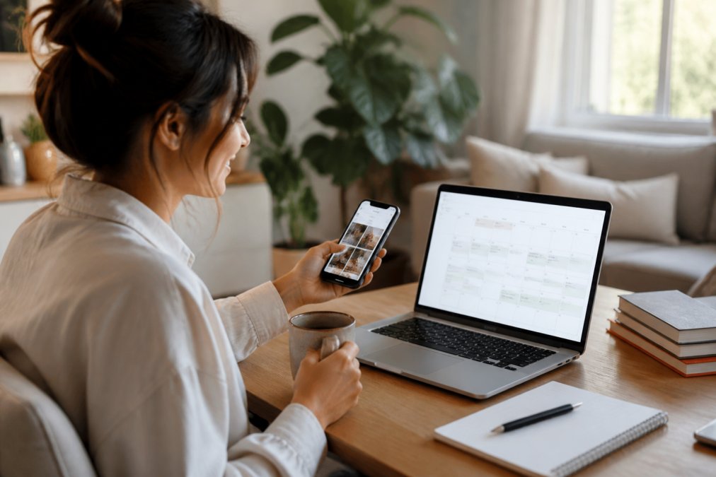 Woman at a desk using a smartphone and laptop for reposting Instagram reels vs TikTok repurposing tasks
