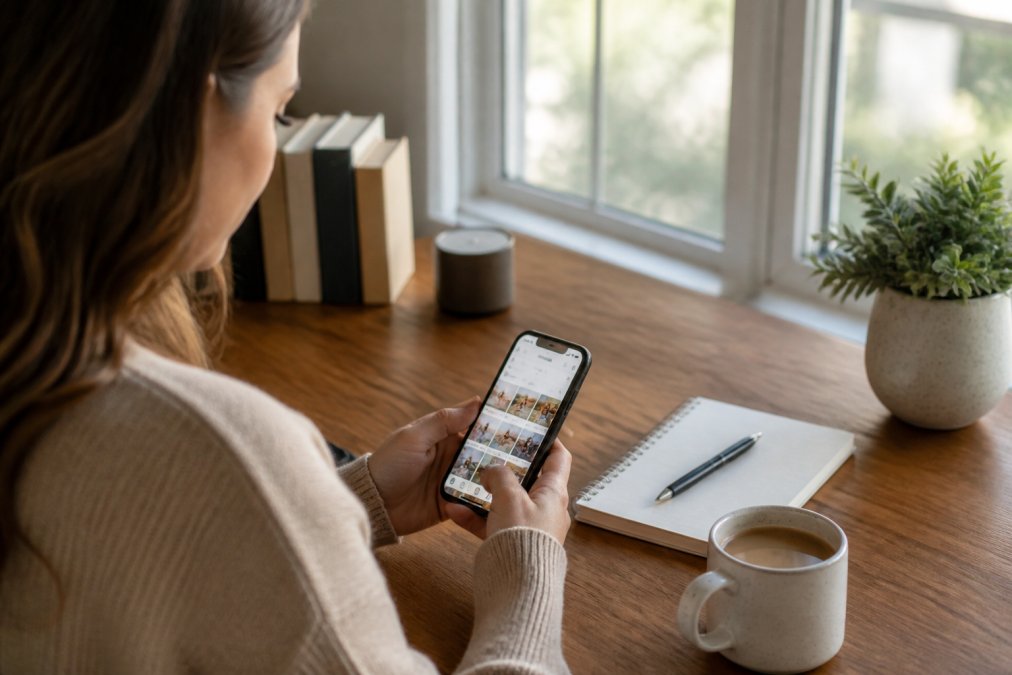 Woman checking an Instagram feed on her smartphone while building a reposting strategy at a tidy desk
