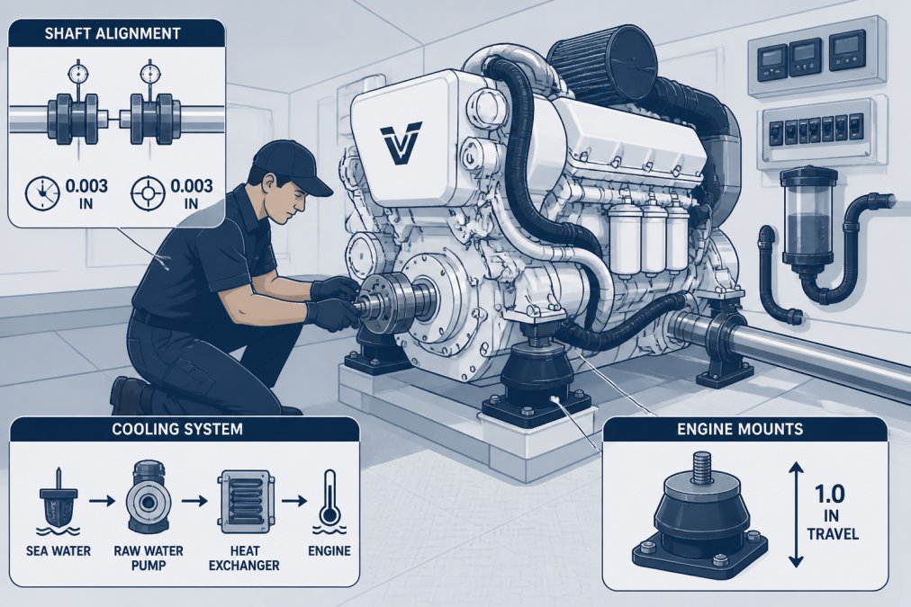 Professional marine mechanic examining a marine diesel engine installation in a modern engine room, showing shaft alignment components, cooling system connections, and engine mounts with natural workshop lighting