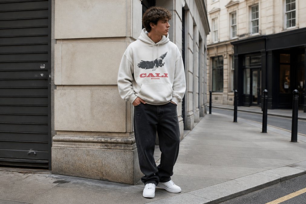 Young man wearing oversized sand-coloured hoodie with dropped shoulders, styled with relaxed-fit washed black denim and white trainers, standing in an urban street setting with natural daylight illuminating the proportions and fit