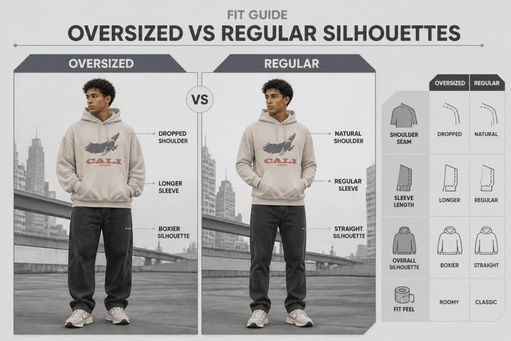 Two men standing side-by-side in an urban setting, one wearing an oversized boxy hoodie with dropped shoulders in sand colour, the other wearing a regular-fit hoodie in matching colour, showing the clear visual difference in shoulder seam placement, sleeve length, and overall silhouette proportions