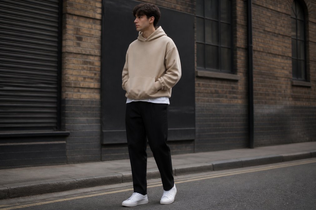 Young man wearing oversized sand-coloured hoodie with tailored black trousers and minimalist white trainers, standing in urban street setting with brick walls, demonstrating balanced proportions in streetwear styling