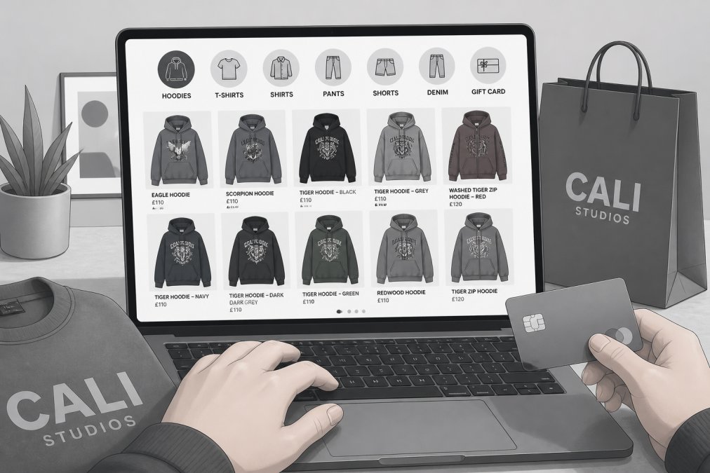 Close-up of hands browsing oversized streetwear hoodies on laptop screen with credit card and shopping bag visible, showing e-commerce shopping experience in modern home setting