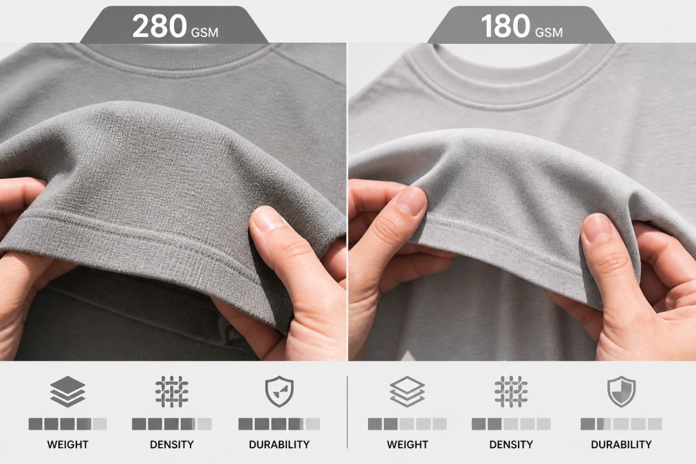 Close-up of hands holding two heavyweight cotton t-shirts side by side, showing visible texture difference between a 280 GSM tee and a lighter fabric, natural daylight, neutral background
