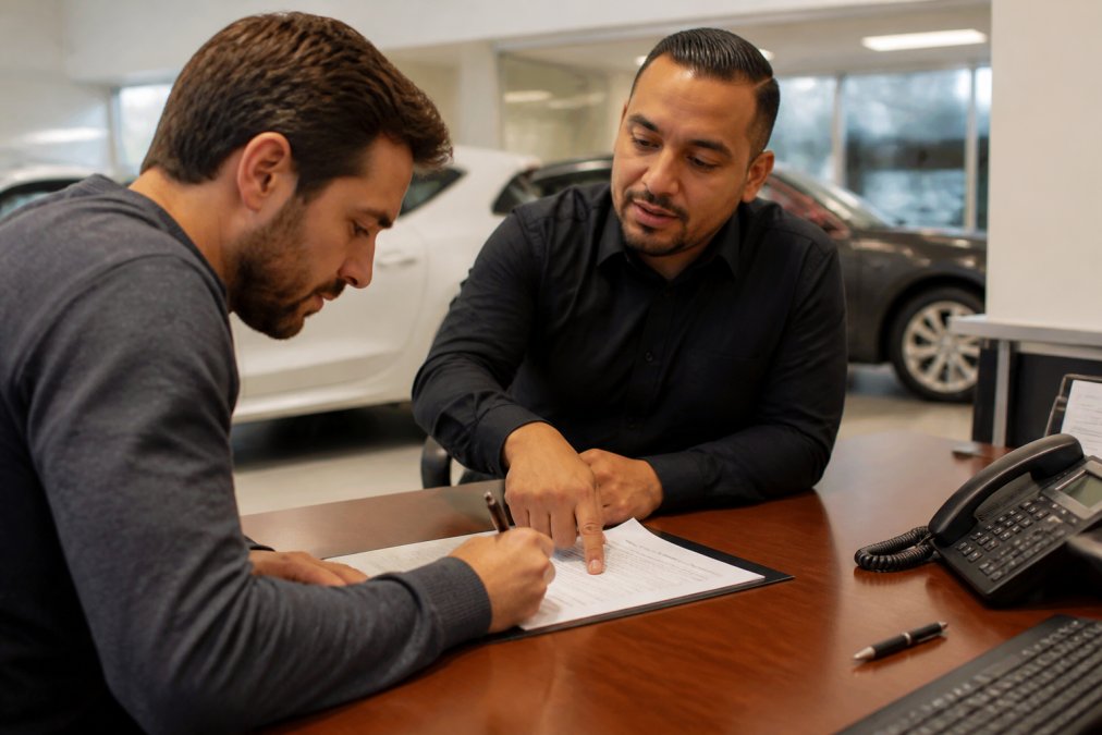 Customer reviewing a car loan contract while considering 401 Auto Group alternatives at a dealership desk.