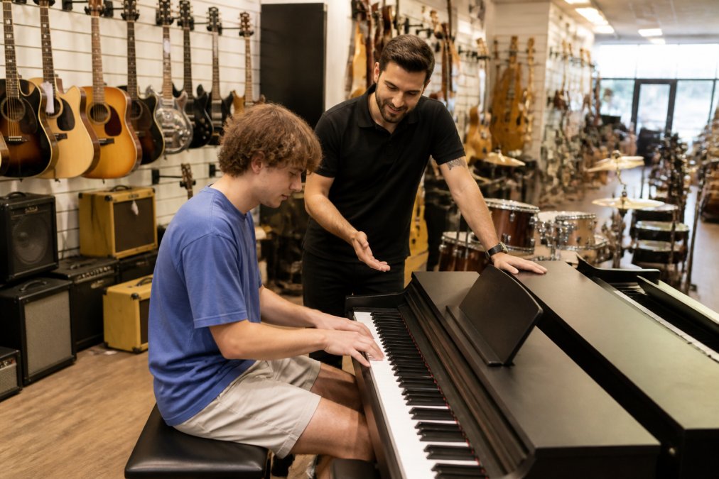 Staff member helping a customer test guitars in one of the best music stores Australia has on the Gold Coast.