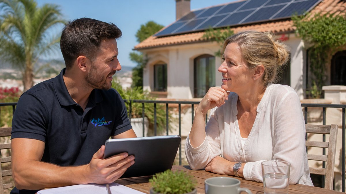A homeowner and a solar installer in conversation on a sunlit terrace beside a villa, tablet in hand showing a system layout, roof with panels visible behind them