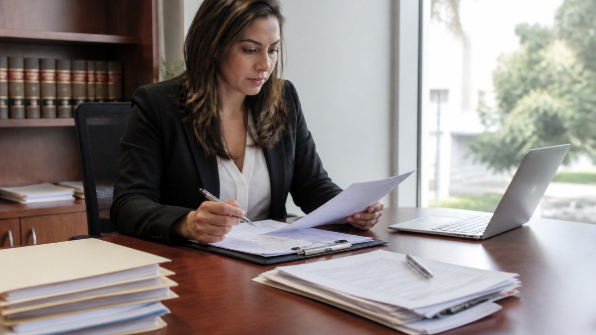 Professional reviewing paperwork at a desk to file a court date extension request