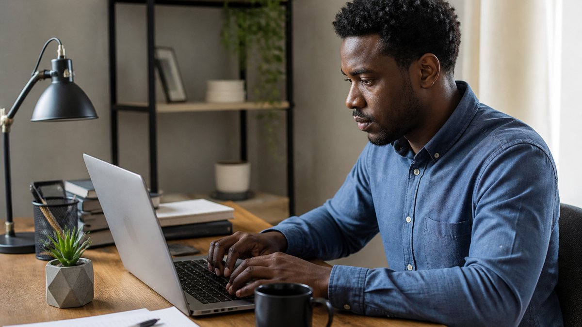 A person sitting at a home desk, typing on a laptop with a cup of coffee nearby, focused on filling out an online form to request a police accident report