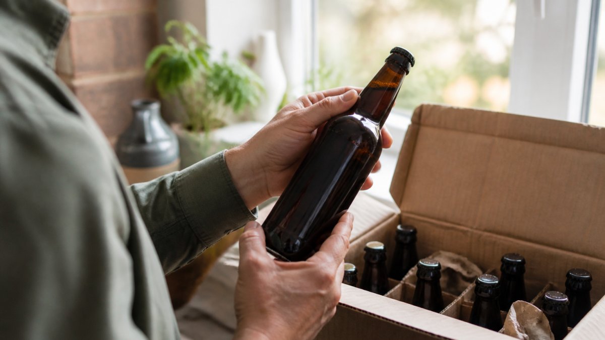 Person holding a bottle of alcohol-free beer, examining the label and packaging for damage or defects in natural lighting