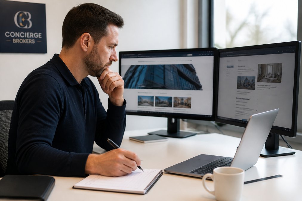 Professional sitting at desk with multiple monitors reviewing website pages and accessibility issues, with a checklist visible on paper nearby, natural office lighting