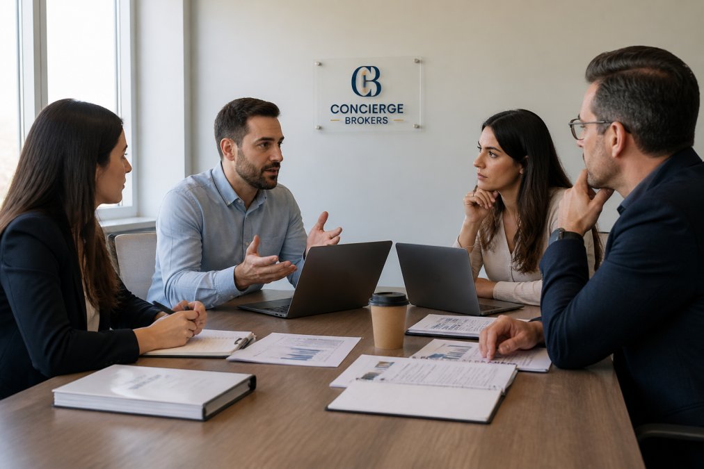 Business team in meeting room discussing website remediation strategy, with laptops and documentation spread across conference table, natural lighting