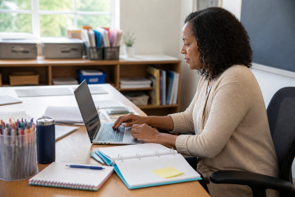 A teacher sitting at a classroom desk reviewing student digital assessments on a laptop, with a tidy organized workspace and bright natural light from nearby windows