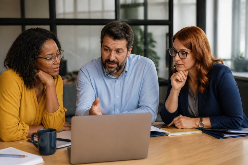 A school administrator and two teachers gathered around a conference table with a laptop open, engaged in a focused discussion during a software demonstration session