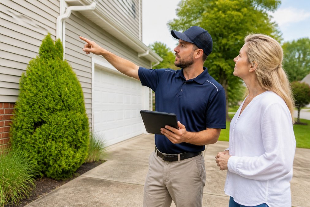 A friendly professional in a branded uniform reviewing a property exterior with a homeowner, pointing at the siding and driveway while holding a tablet, bright daylight