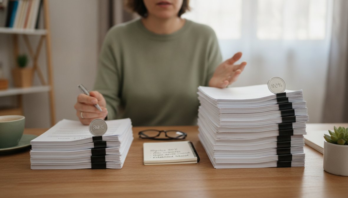 Asesor financiero profesional revisando documentos hipotecarios con un cliente en una mesa de oficina moderna, señalando información clave en los papeles bajo luz natural de ventana