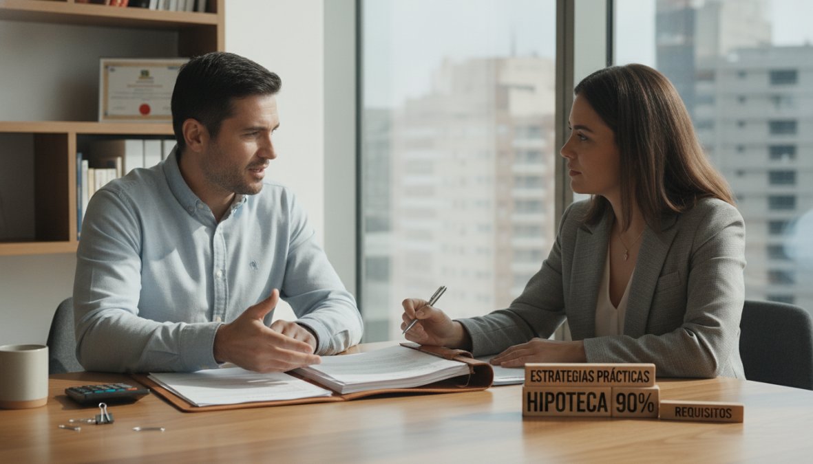 Asesor financiero profesional en oficina moderna consultando con cliente joven sobre opciones hipotecarias, revisando documentos sobre la mesa y señalando términos específicos en un contrato bajo luz de oficina