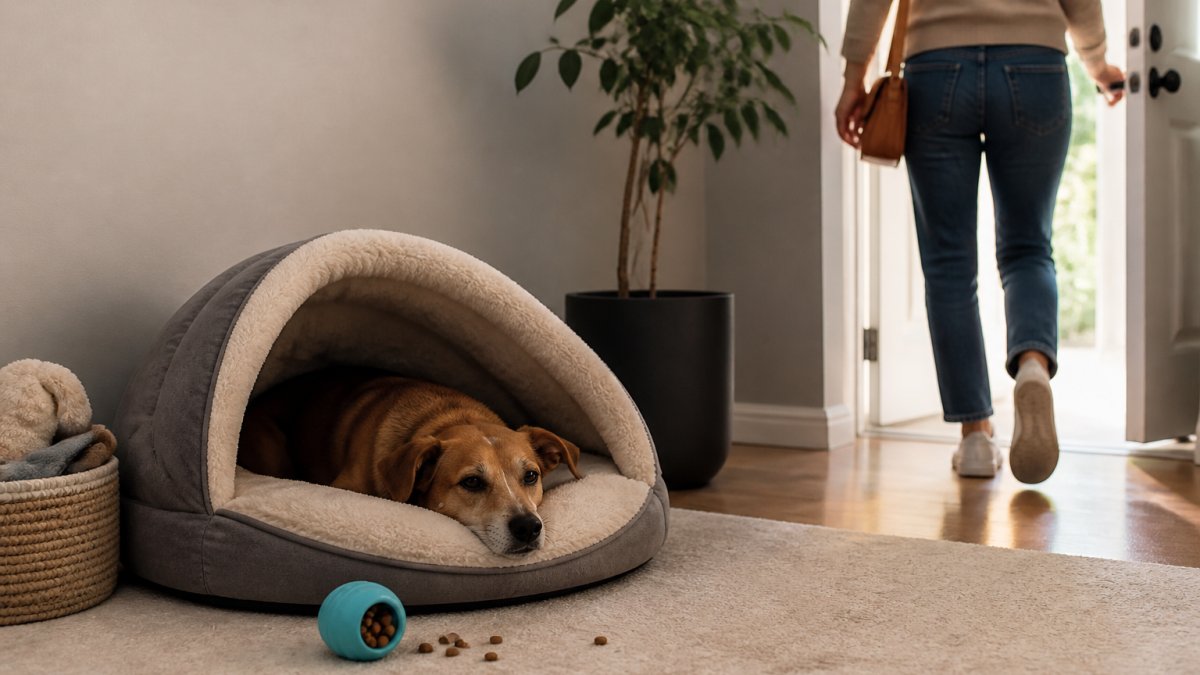 A calm rescue dog resting in a cozy hooded pet bed in a quiet living room corner, with a food toy nearby and a person quietly stepping toward the door in the background