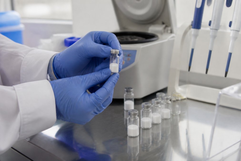Close-up of a laboratory scientist's gloved hands carefully handling small labeled vials of lyophilized coenzyme powder on a clean lab bench, with pipettes and a centrifuge visible in the background