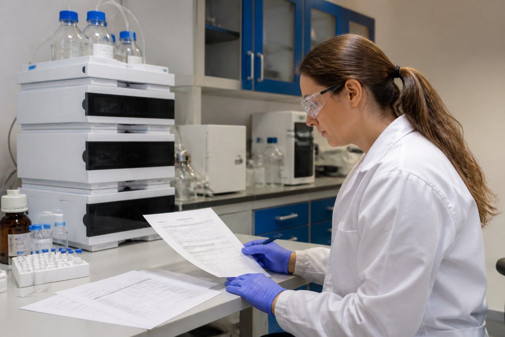 A laboratory technician in a white coat reviewing HPLC chromatography output on a computer monitor beside an analytical instrument, with printed Certificate of Analysis documents on the desk