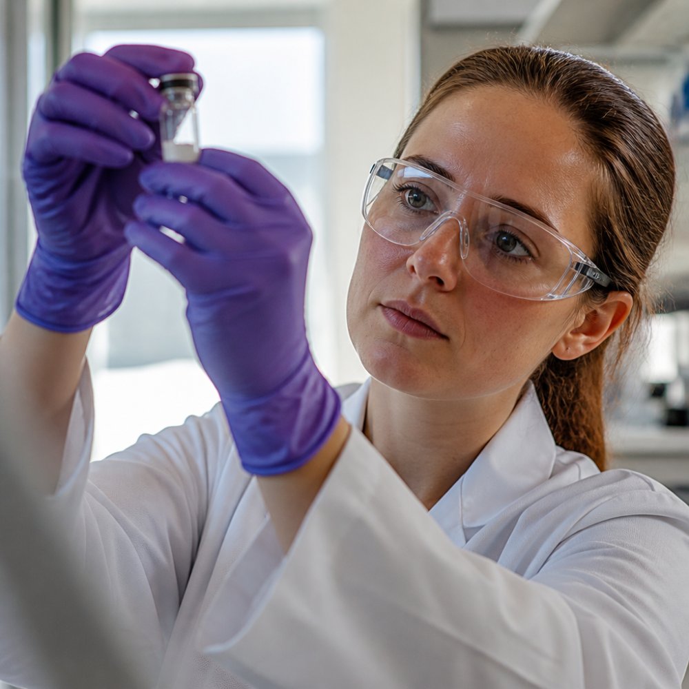 Close-up of a researcher's gloved hands holding a lyophilized peptide vial up to the light in a modern laboratory setting