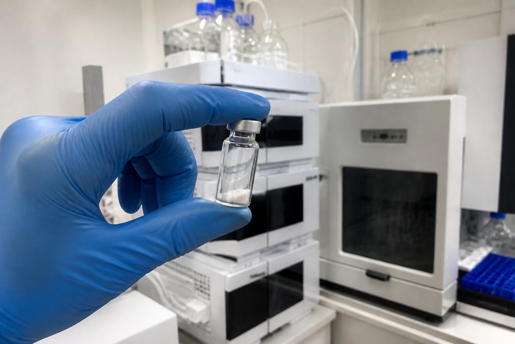 A gloved hand holding a small glass vial of lyophilized peptide powder up to laboratory lighting, with an HPLC instrument and monitor displaying a chromatogram visible in the background